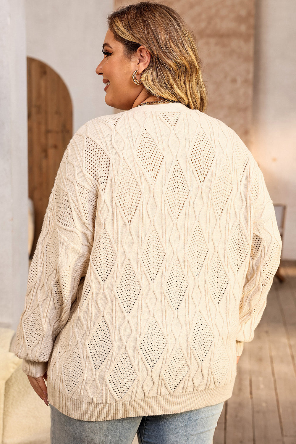 Chic apricot plus size knitted cardigan with hollow-out details