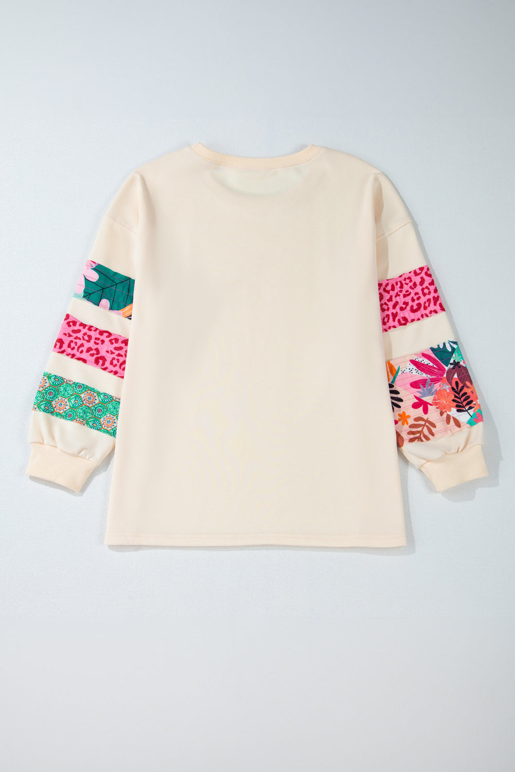 Beige plus size patchwork sleeve sweatshirt with side slits