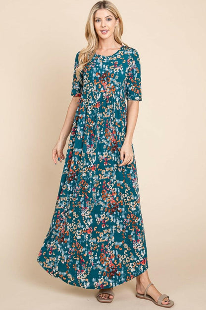 BOMBOM Printed Shirred Maxi Dress.