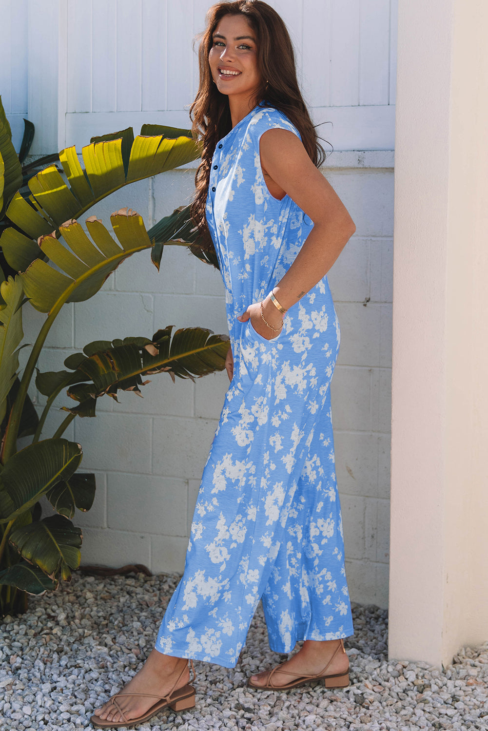 Myosotis Floral Print Half Button Wide Leg Relaxed Jumpsuit