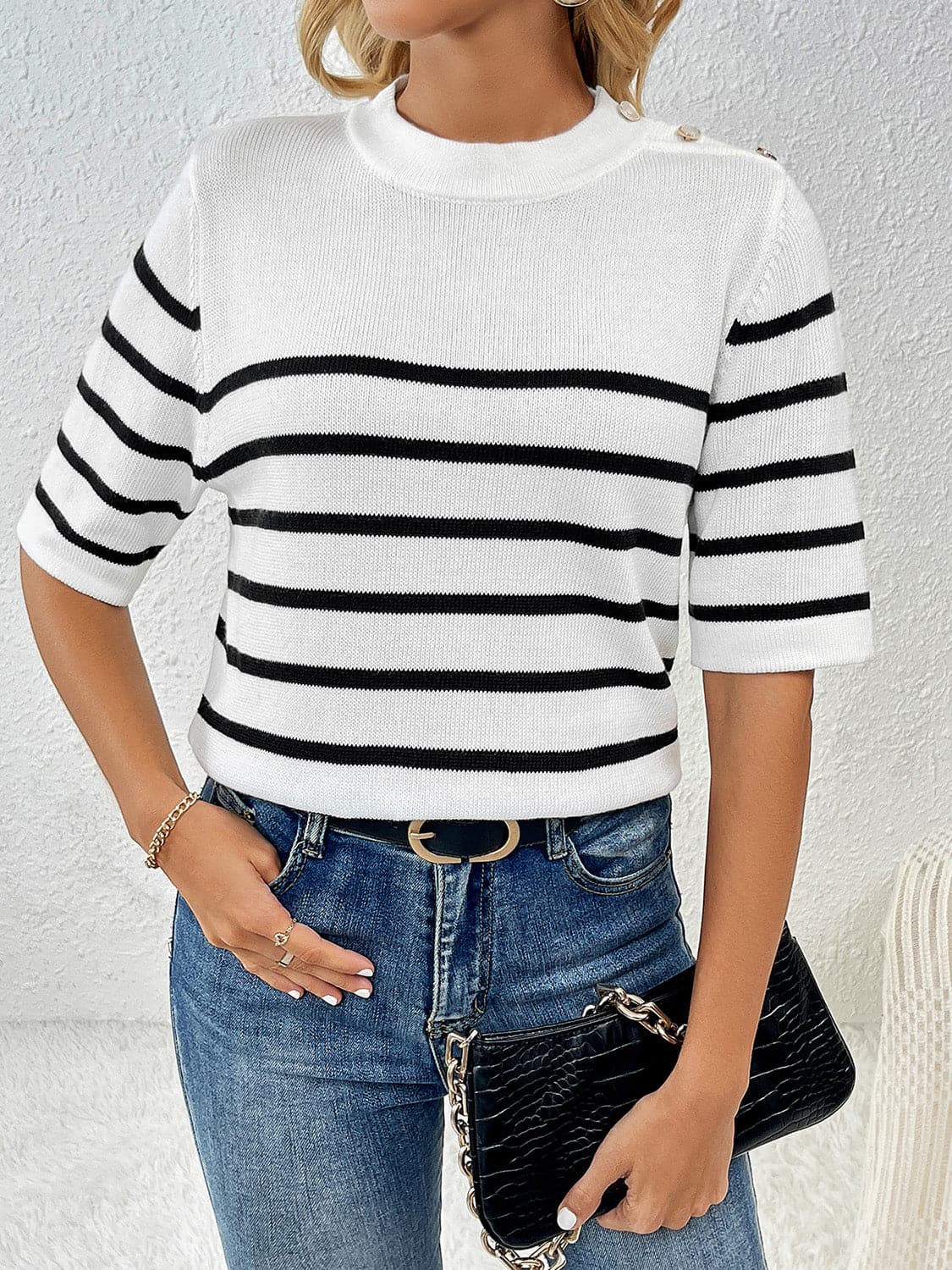 Striped Round Neck Half Sleeve Knit Top.