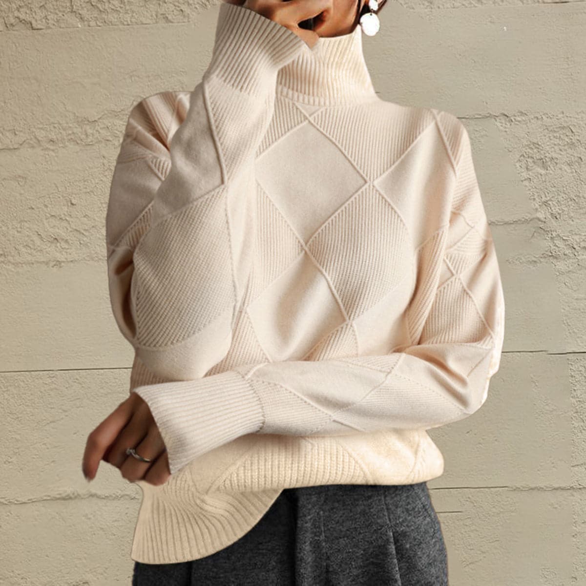 Geometric Turtleneck Long Sleeve Sweater.