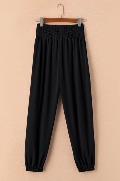 Chic black smocked joggers - high-rise comfort