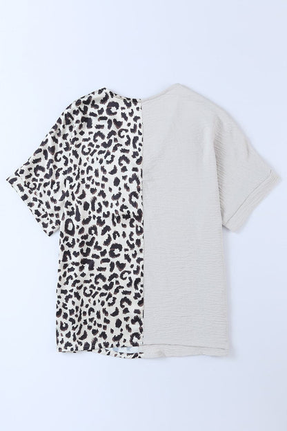 Leopard Color Block V-Neck Blouse.