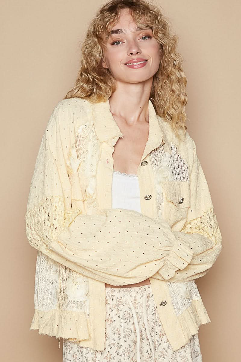 Lace Patchwork Pearl Embellished Eyelet Floral Blouse