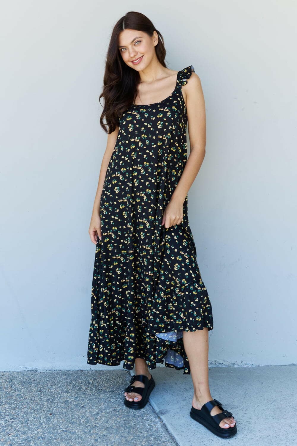 Doublju In The Garden Ruffle Floral Maxi Dress in  Black Yellow Floral.