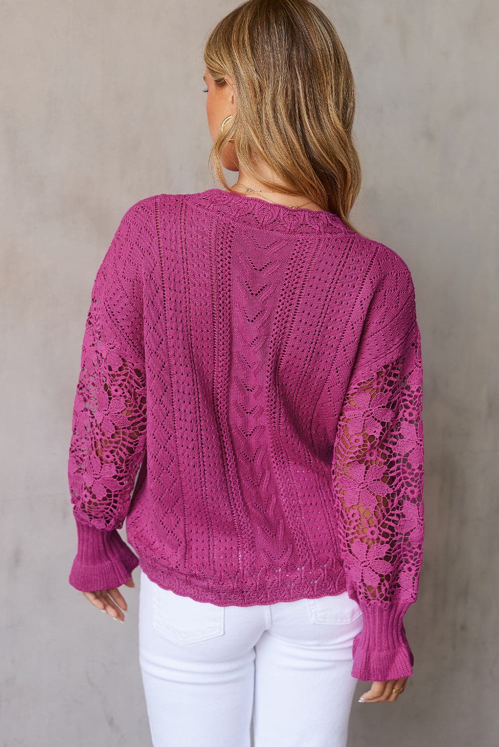 Openwork Lantern Sleeve Dropped Shoulder Sweater.