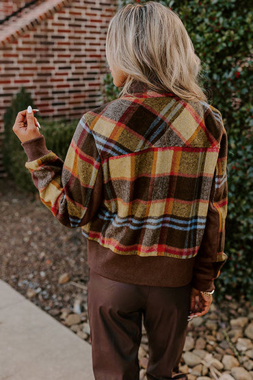 Stylish brown plaid jacket with chest pockets and stand neck design