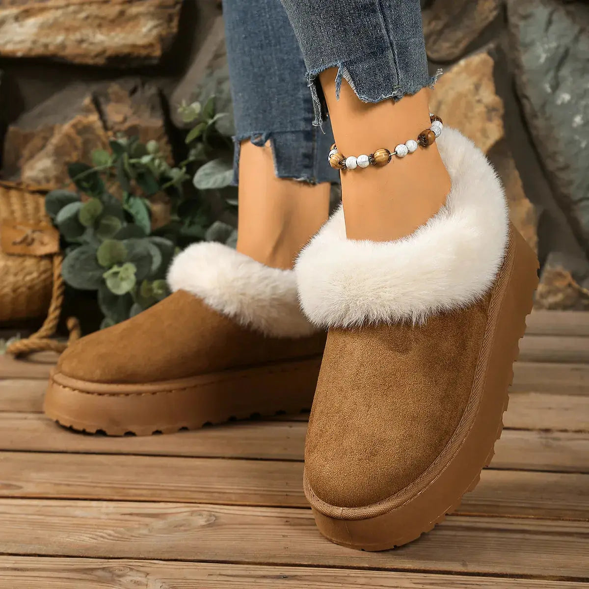 Fuzzy Trim Round Toe Platform Boots Simply Love
