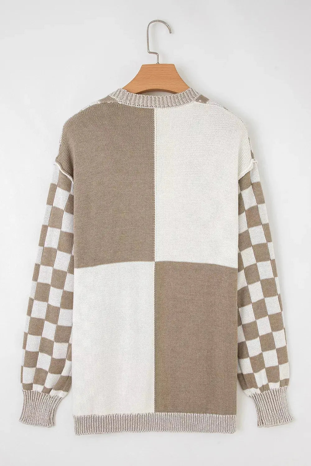 Checkerboard Print Open Front Knit Cardigan Simply Love