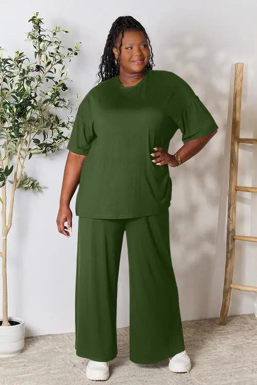 Double Take Full Size Round Neck Slit Top and Pants Set - Love Salve