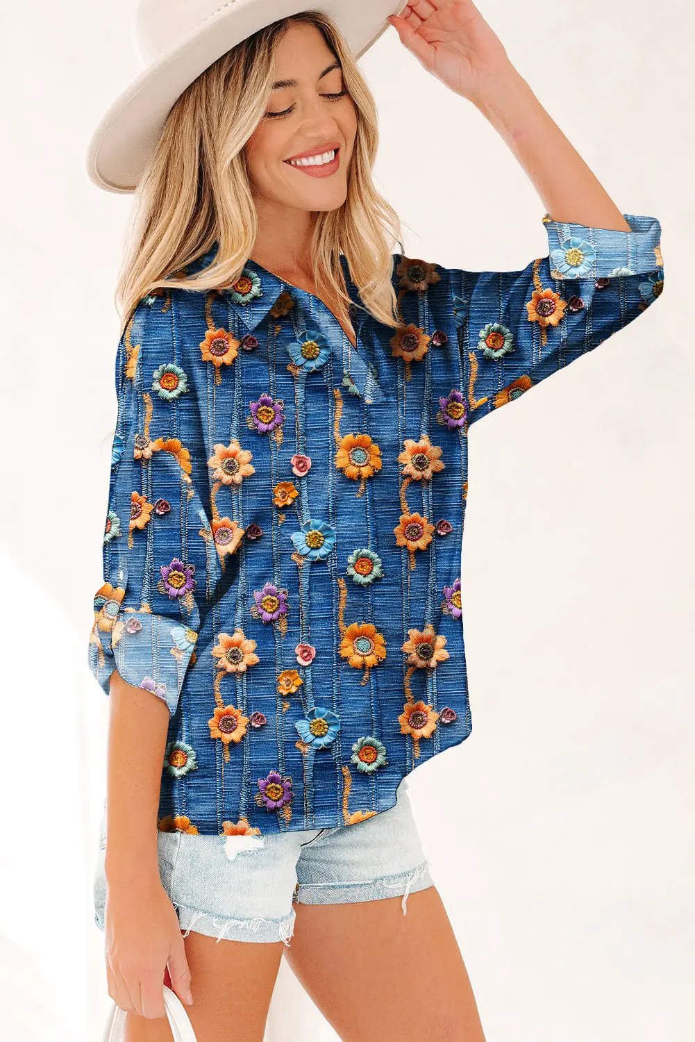 Premium Blue Floral Collared V Neck Roll Up Sleeve Blouse Dear-Lover Dropshipping
