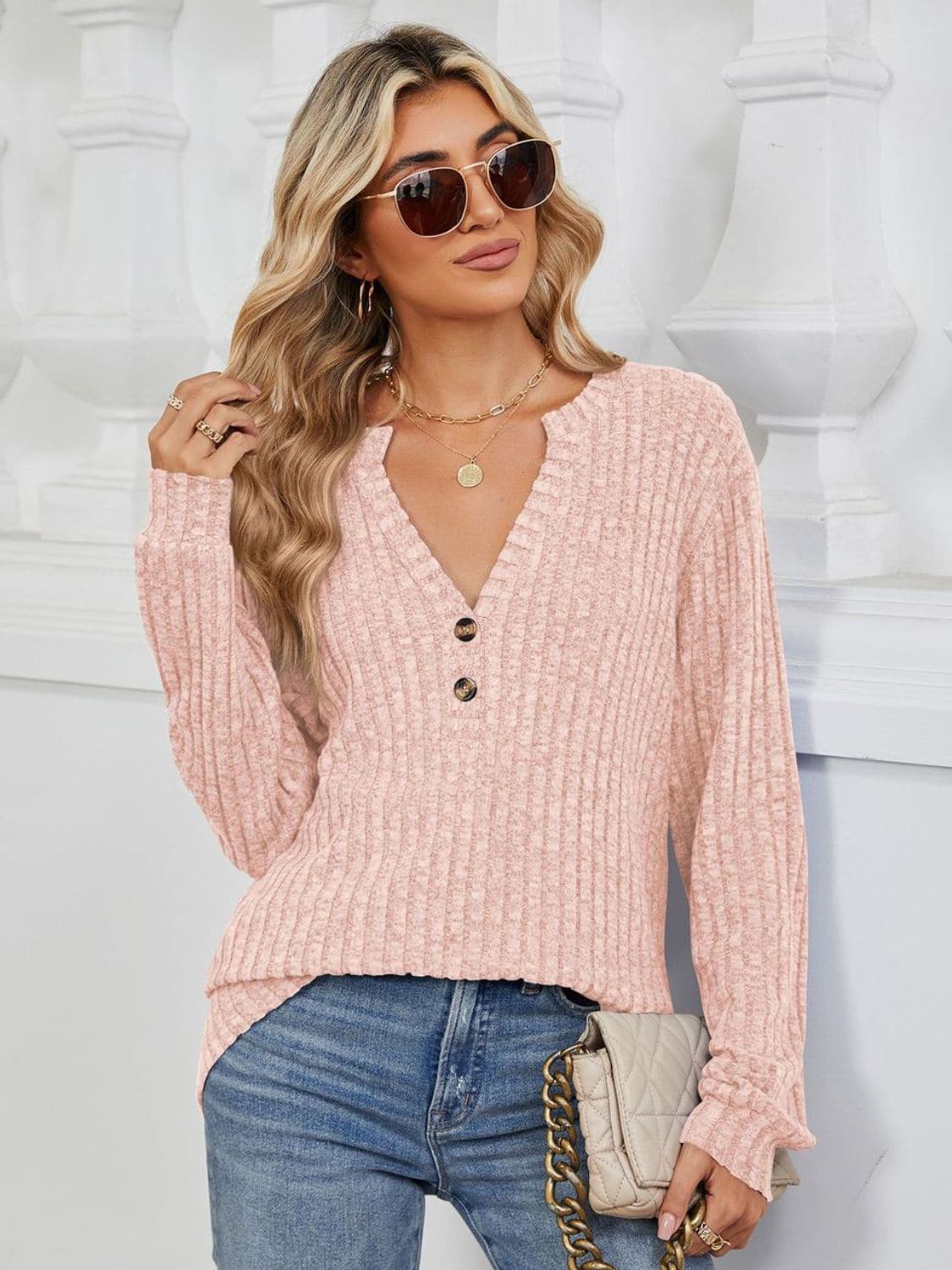 Ribbed Notched Long Sleeve T-Shirt.