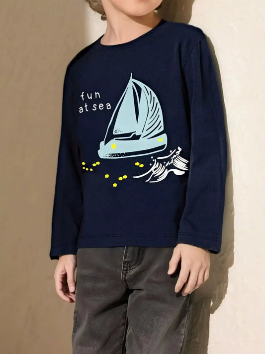 Kids Long Sleeve Cotton T Shirt Sea Boat Graphic Tee Simply Love