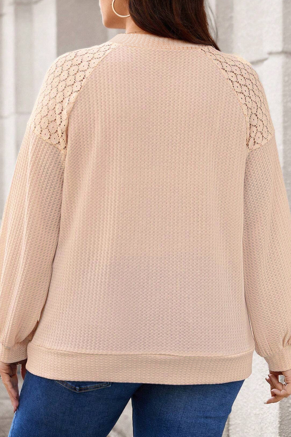 Chic beige plus size waffle knit top with lace patchwork and button details