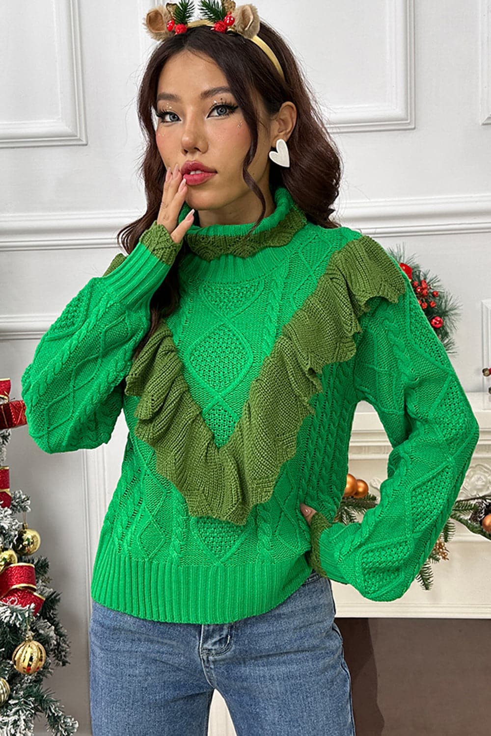 Cable-Knit Ruffled Mock Neck Lantern Sleeve Sweater.