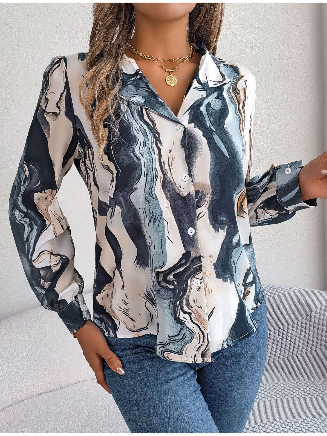 Printed Button Up Long Sleeve Shirt Coco’s Tee Boutique