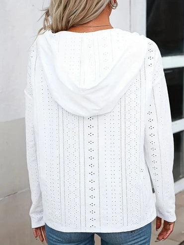 Eyelet sheer long sleeve hoodie with drawstring detail