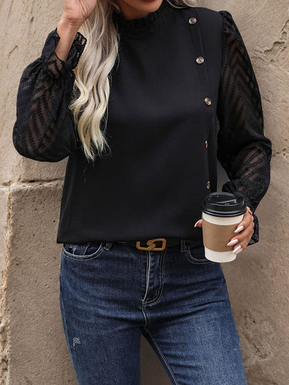 Mock Neck Flounce Sleeve Blouse.