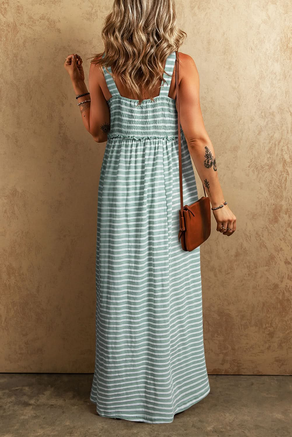 Shirred High Waist Green Striped Maxi Dress with Frills and Sleeveless Design