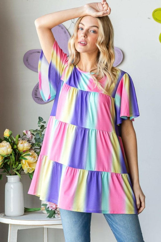 Heimish Full Size Short Sleeve Striped Tiered Top - Love Salve 
