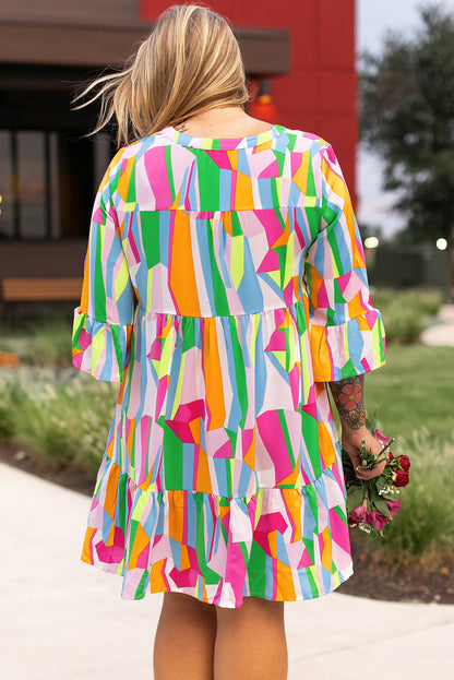 Vibrant multicolour plus size abstract print tiered mini dress with ruffles