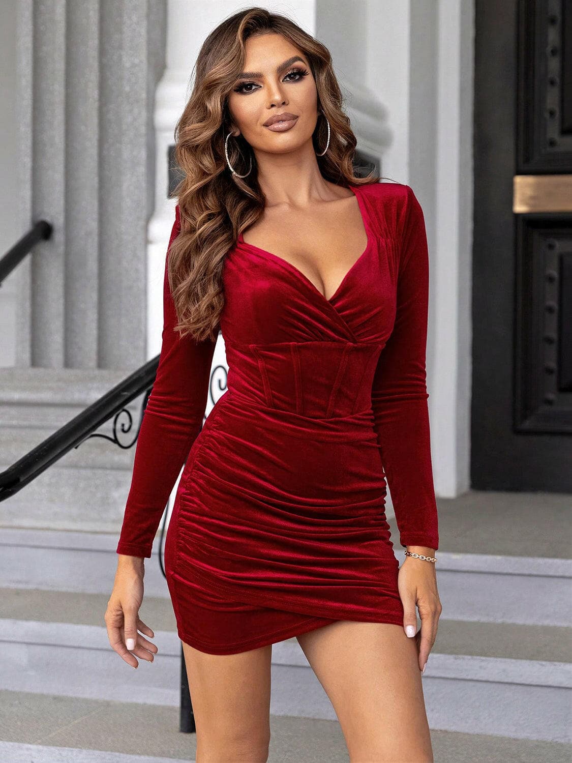 Ruched Surplice Long Sleeve Mini Dress.