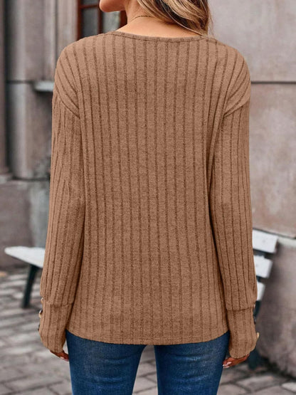 Ribbed V-Neck Long Sleeve T-Shirt.