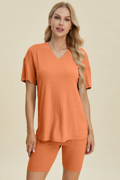 Basic Bae Full Size Ribbed V-Neck Short Sleeve Top and Shorts Set.