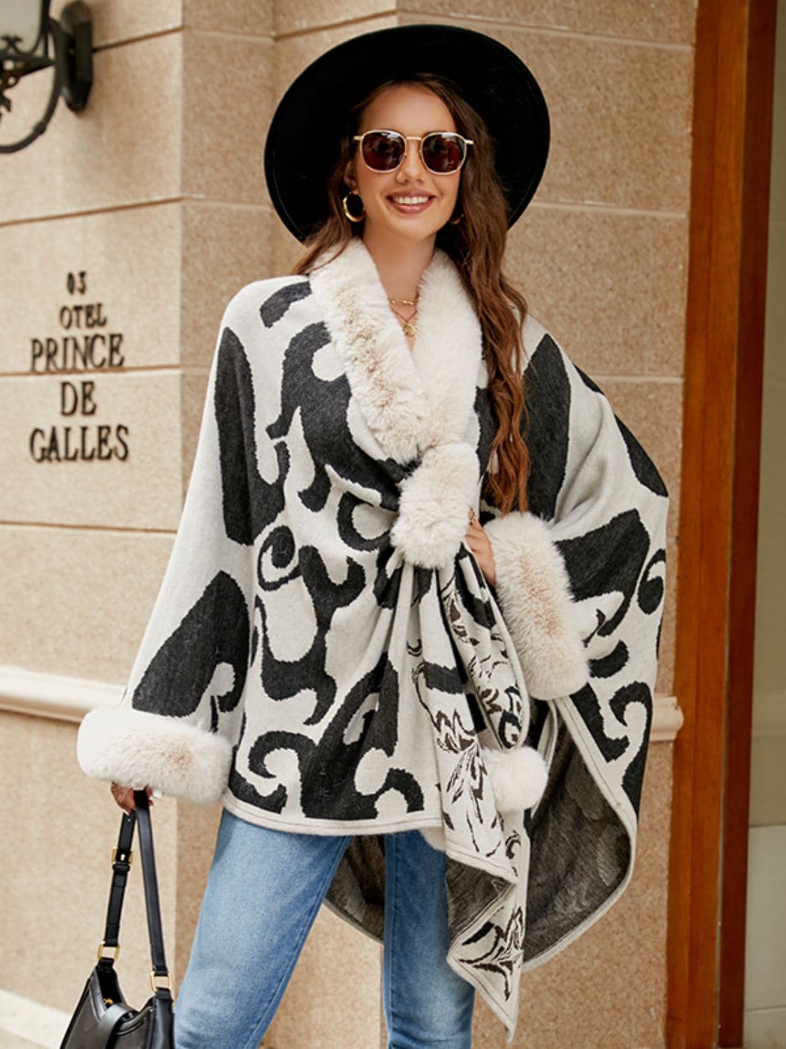 Faux Fur Trim Poncho.