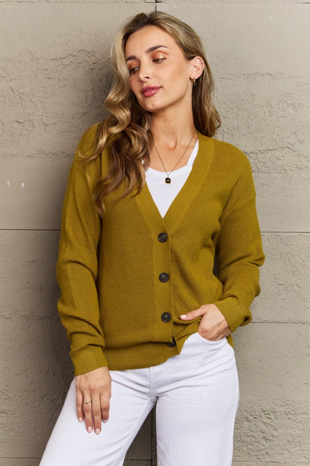 Zenana Kiss Me Tonight Full Size Button Down Cardigan in Chartreuse.