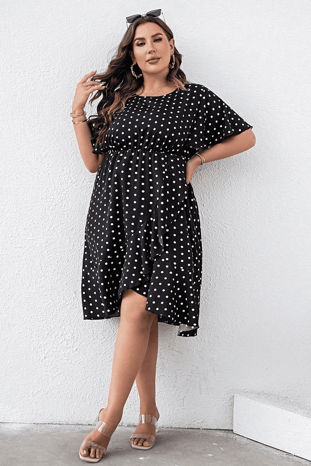 Plus Size Polka Dot Flutter Sleeve Dress.