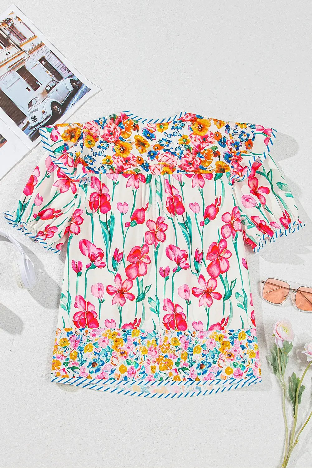 Greta Floral Split Neck Short Sleeve Blouse with Striped Trim - Love Salve 