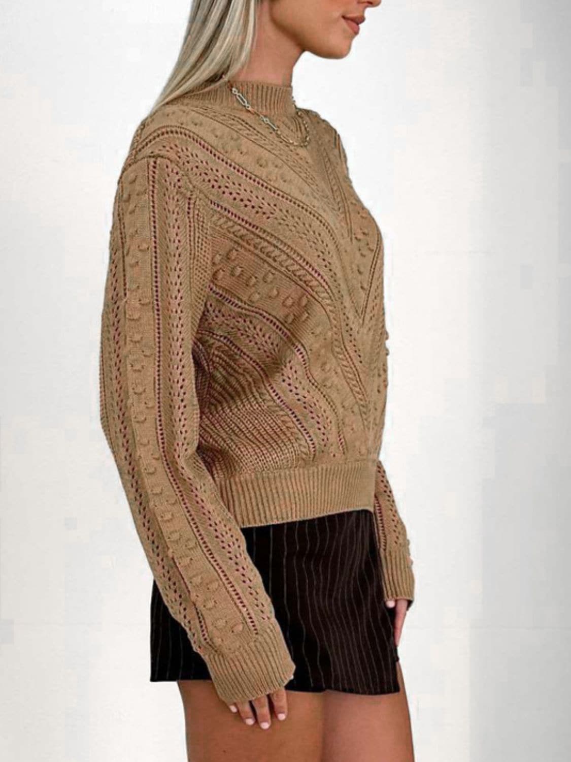 Openwork Round Neck Long Sleeve Sweater.