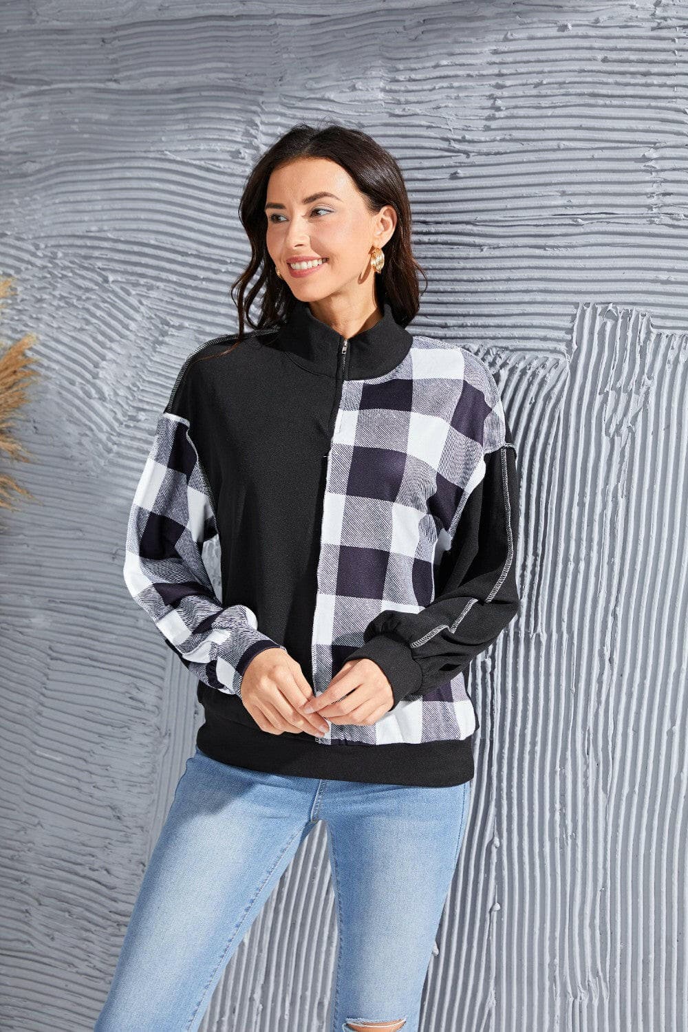 Plaid Exposed Seam Long Sleeve Blouse.