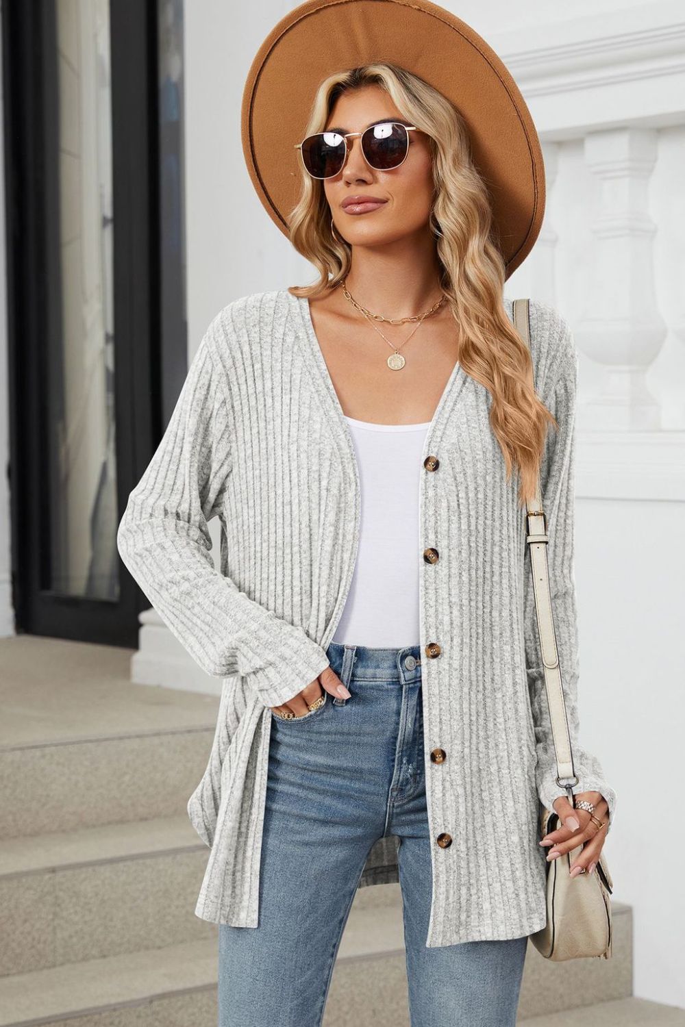 Ribbed Button Up Long Sleeve Cardigan.