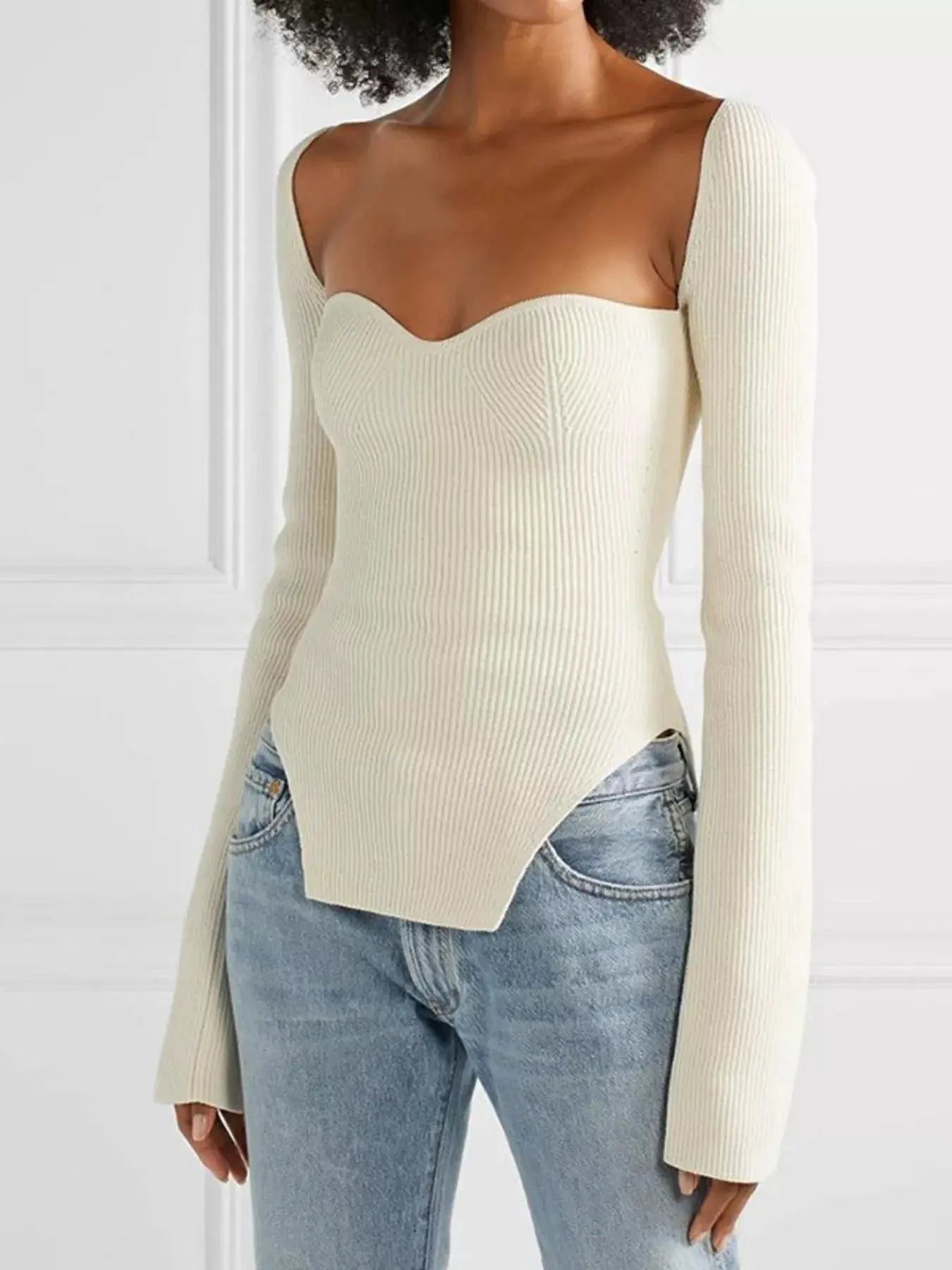 Ribbed Knit Sweetheart Neckline Sweater Simply Love