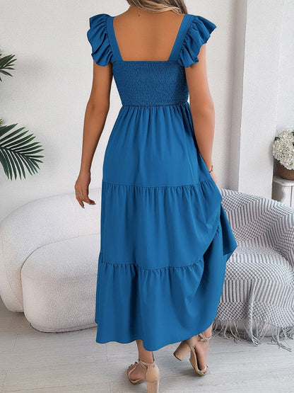 Smocked Square Neck Cap Sleeve Midi Dress.