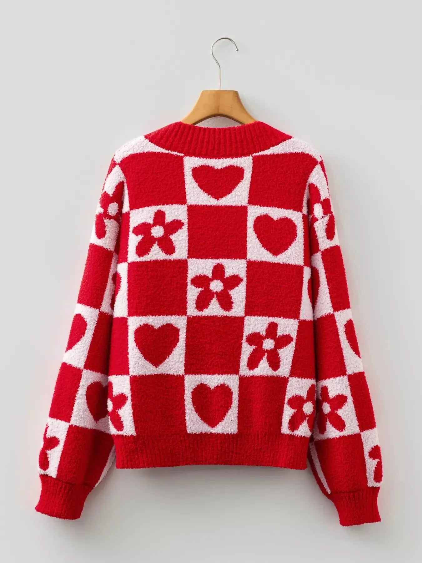 Floral Heart Checkered V-Neck Sweater Simply Love