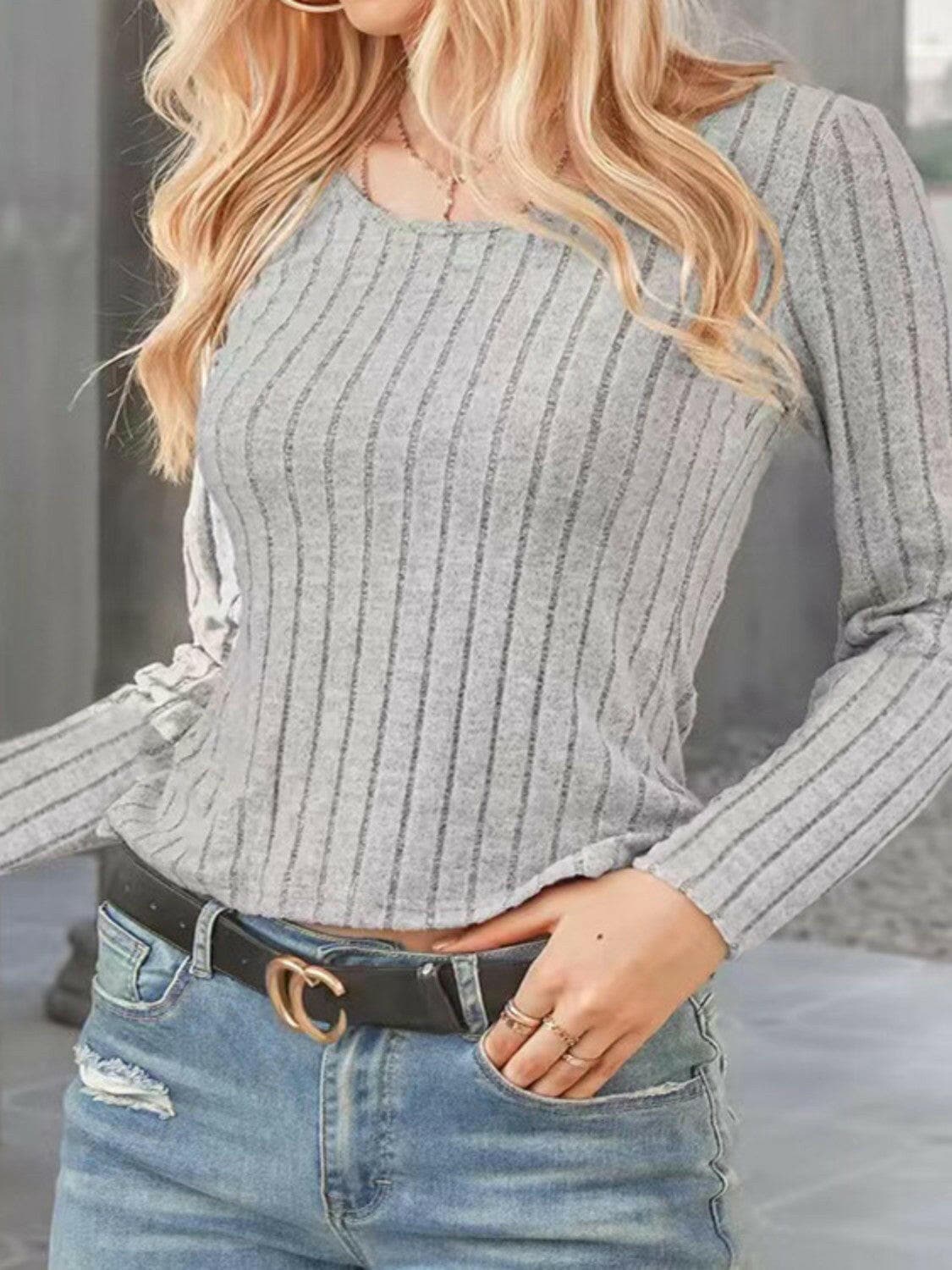 Ribbed Round Neck Long Sleeve Knit Top.