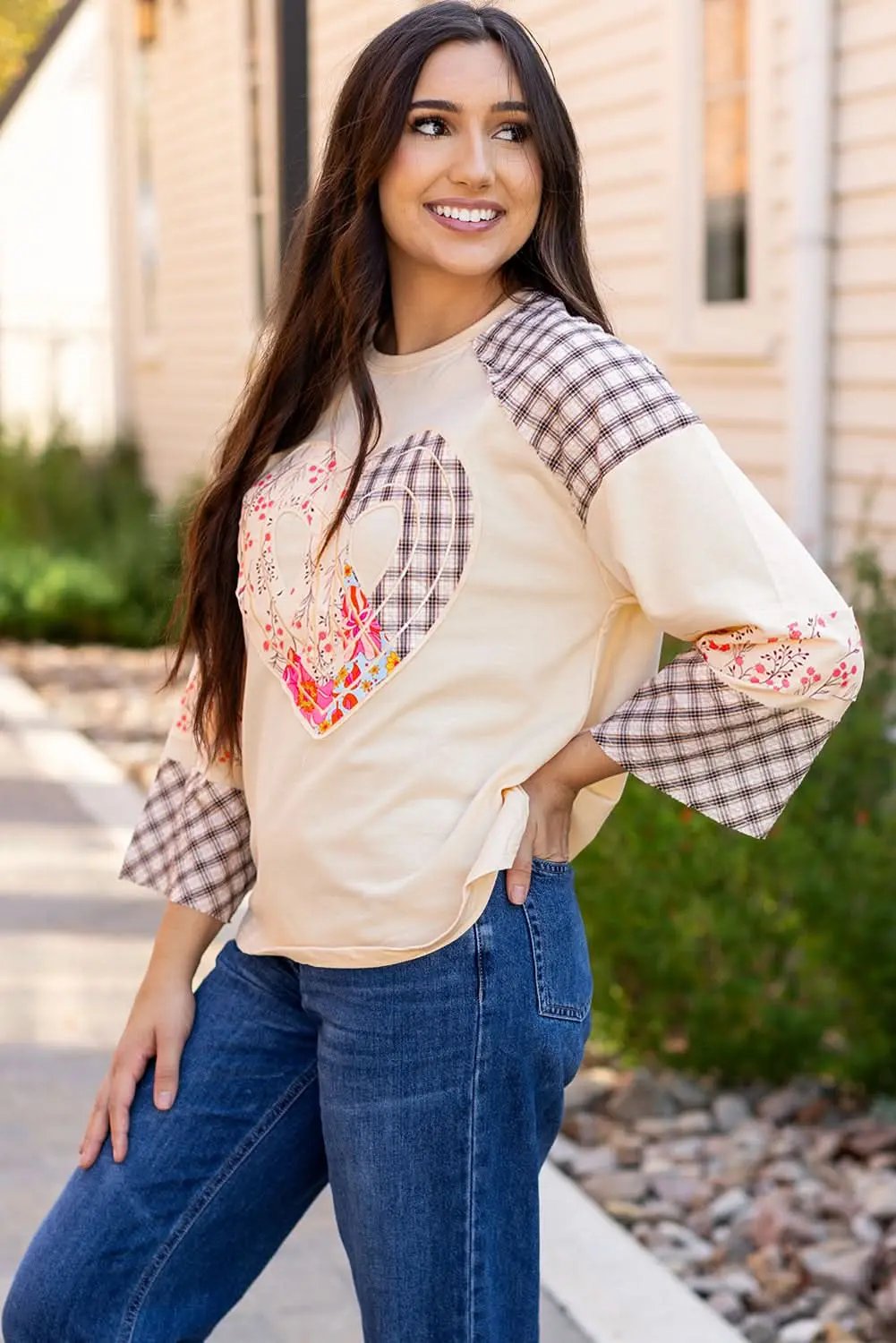 Beige Plaid Floral Peace Heart Graphic Wide Long Sleeve Top - Love Salve 