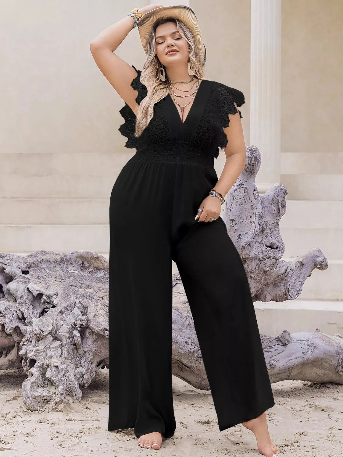 Plus Size Lace Cap Sleeve Wide Leg Jumpsuit Coco’s Tee Boutique