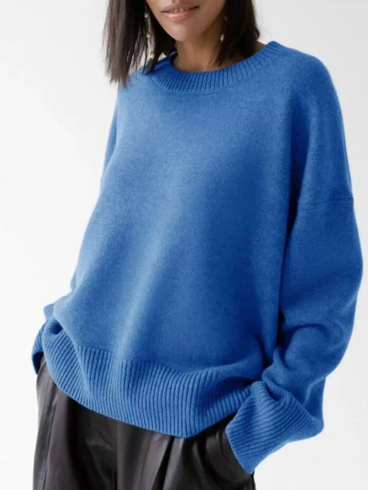 Ribbed Hem Round Neck Sweater Simply Love