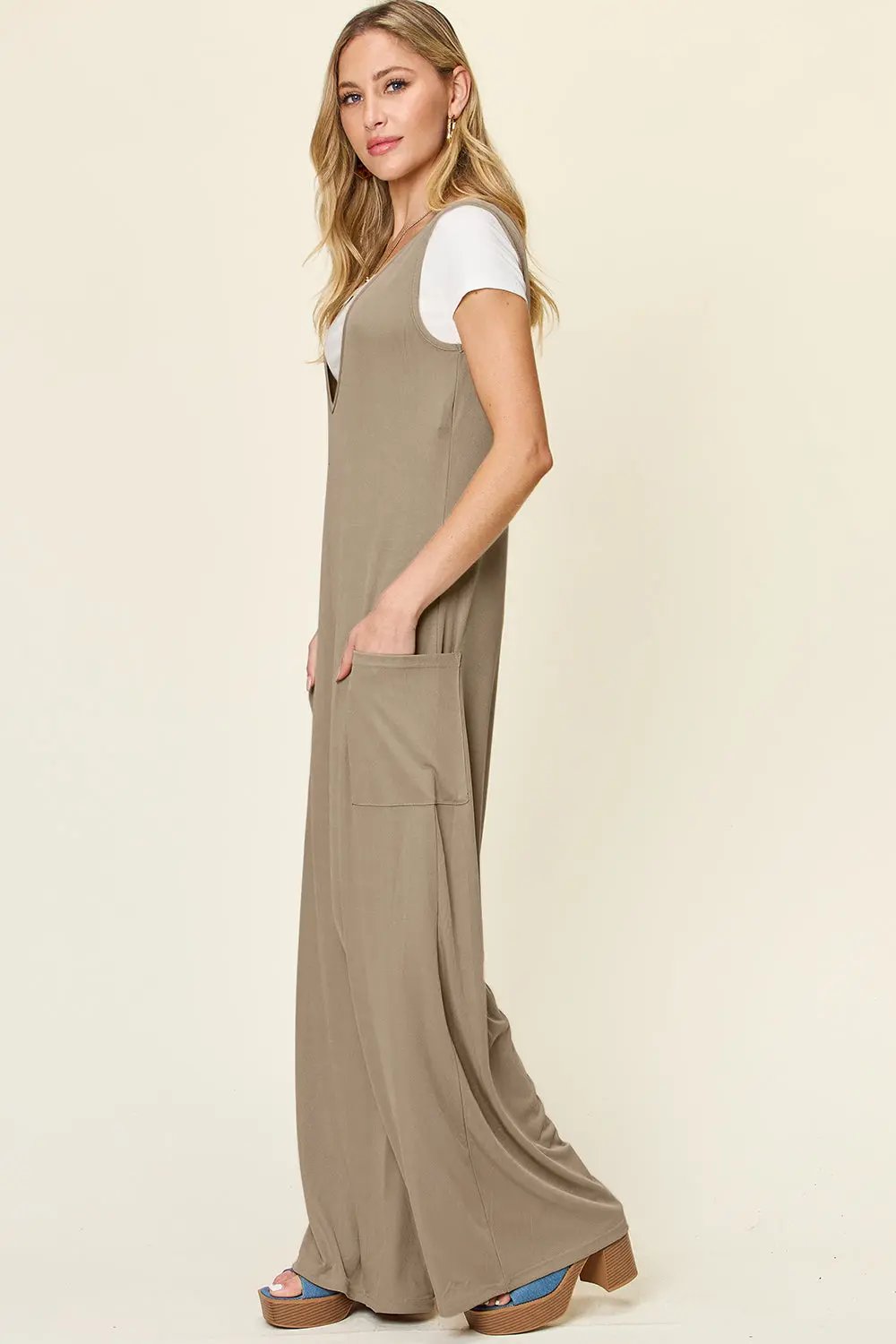 Double Take Full Size Sleeveless Wide Leg Jumpsuit with Pockets - Love Salve