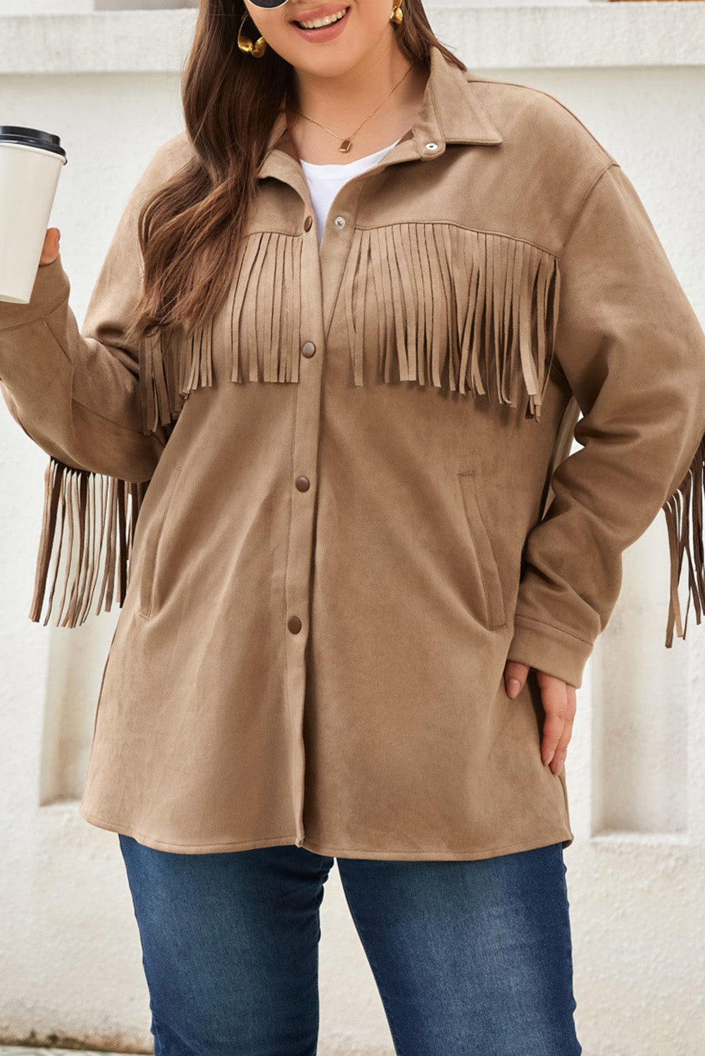 Chic khaki fringe plus size suede shacket for a stylish wardrobe update