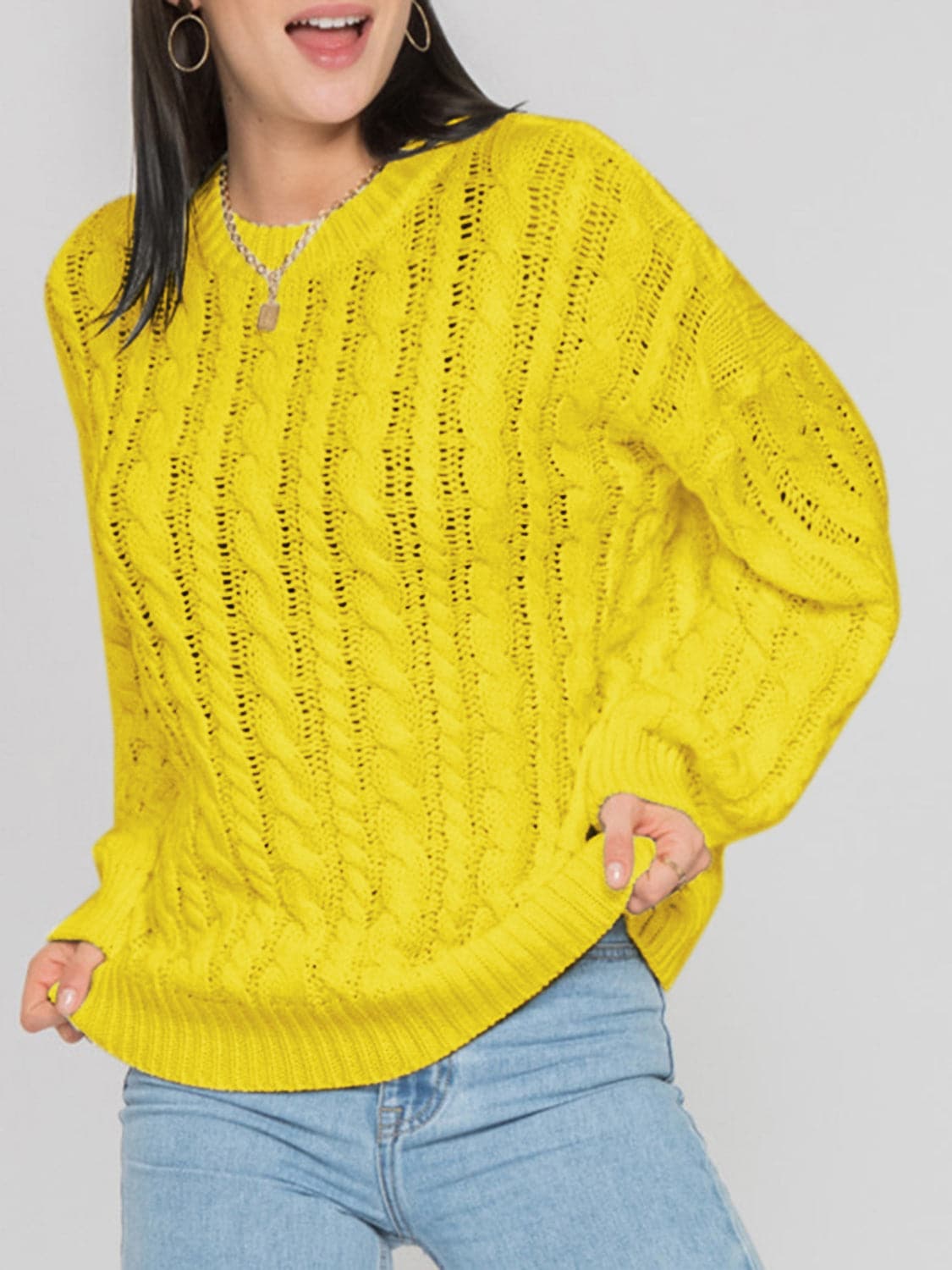 Openwork Round Sleeve Cable-Knit Sweater.