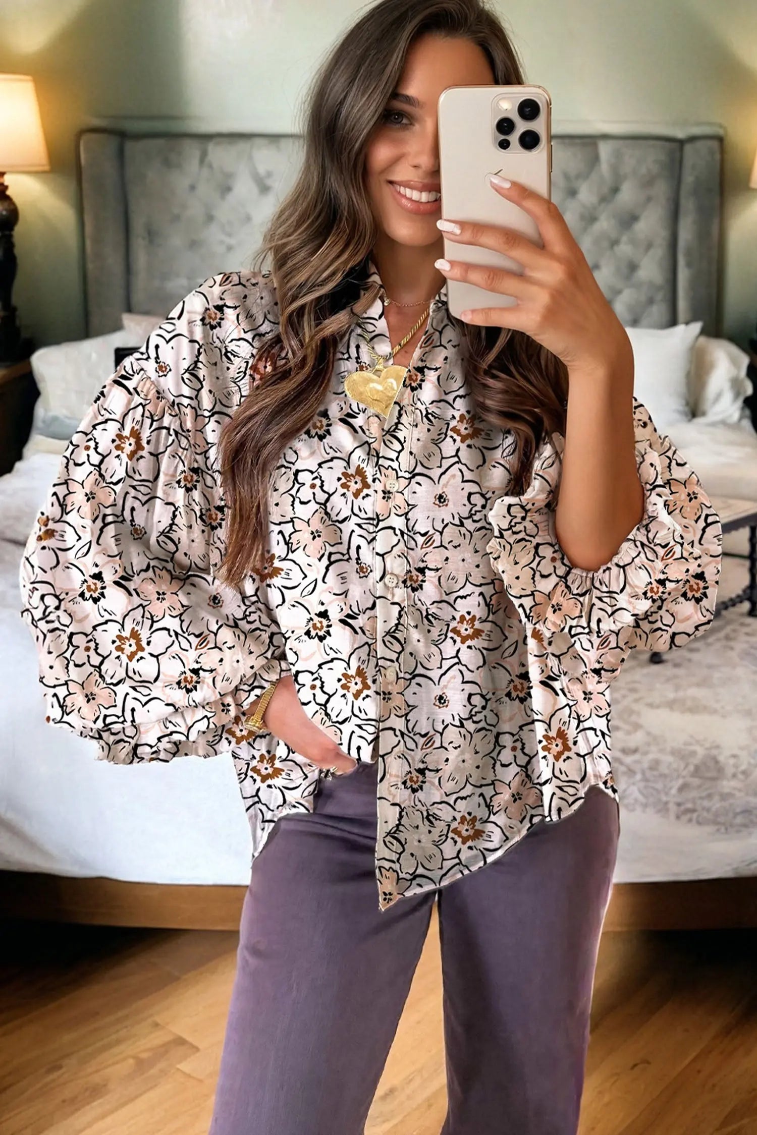 Khaki Floral Print Frilled Puff Sleeve Button Down Shirt For Women Dear-Lover Dropshipping