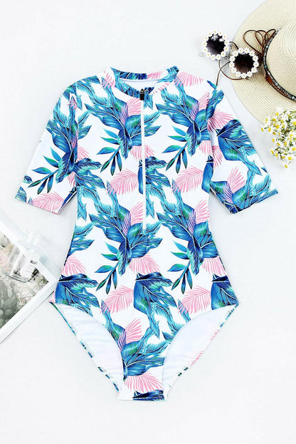 Printed Notched Half Sleeve One-Piece Swimwear.