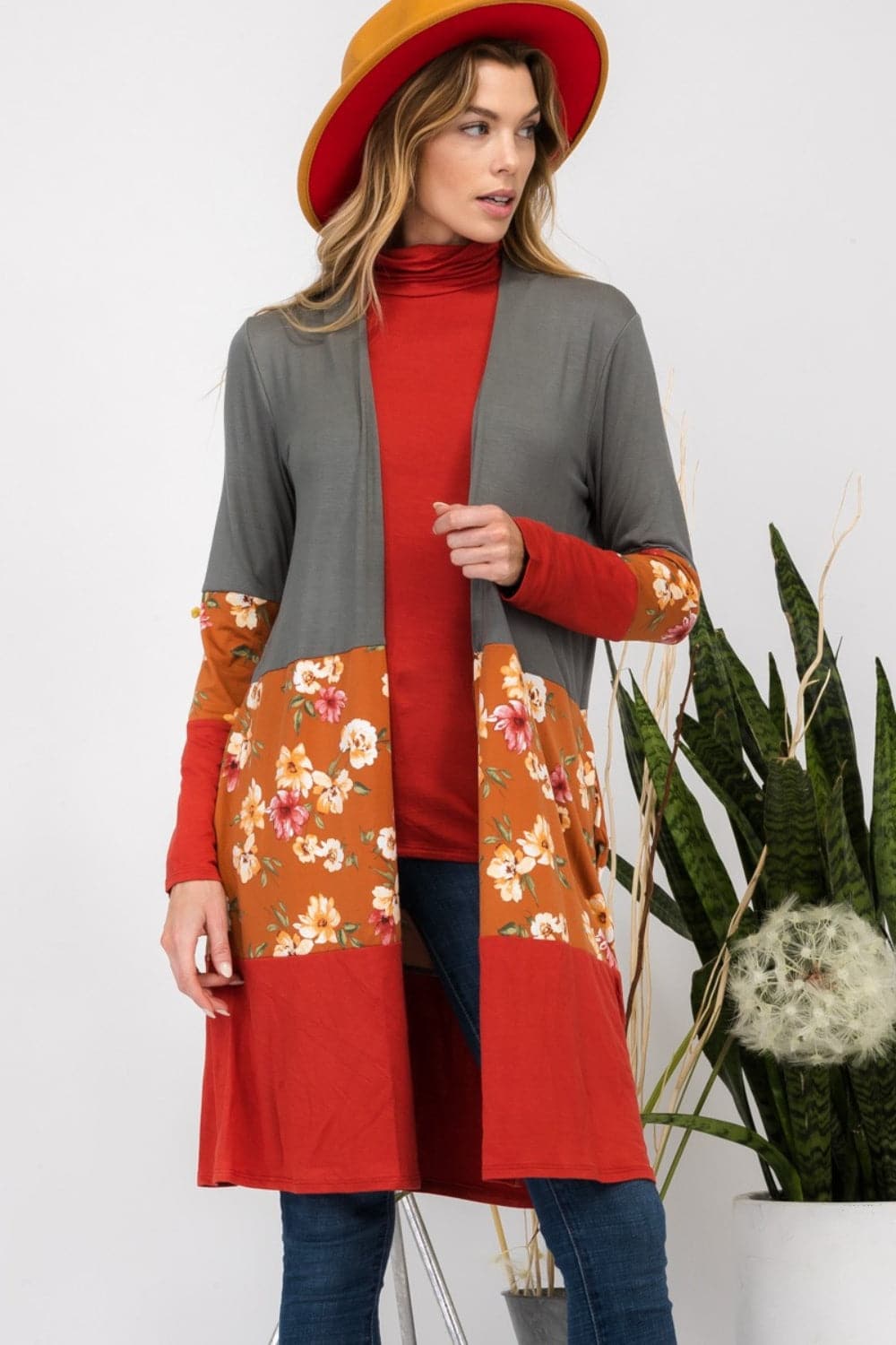 Celeste floral print color block cardigan for all-day comfort