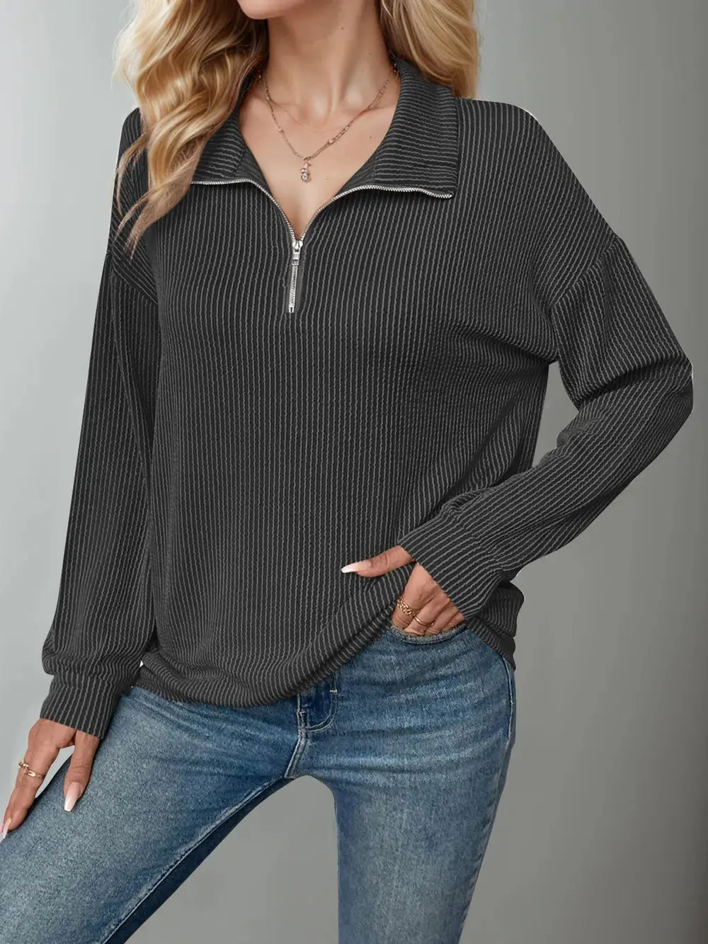 Double Take Striped Half Zip Long Sleeve T-Shirt - Love Salve